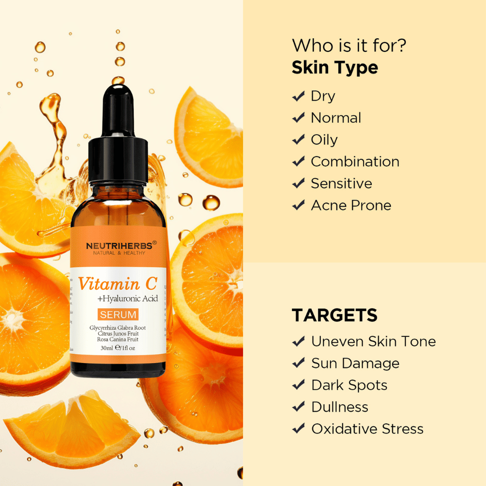 Neutriherbs Vitamin C + Hyaluronic Acid Serum 30 ml s pomarančmi. Ilustrácia ukazuje, že sérum je vhodné pre všetky typy pleti vrátane citlivej a aknóznej pleti a zároveň je vyvinuté pre nerovnomerný tón pleti, pigmentové škvrny, poškodenie slnkom, mdlosť a oxidačný stres.